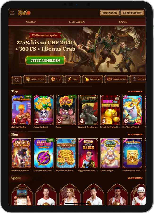 Startseite in der mobilen App des Wild Robin Casinos in Deutschland