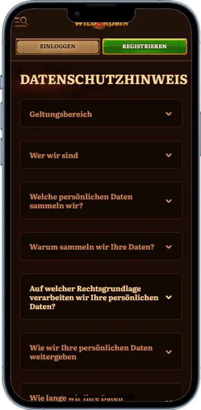 Wild Robin Casino Mobile App Datenschutzbestimmungen