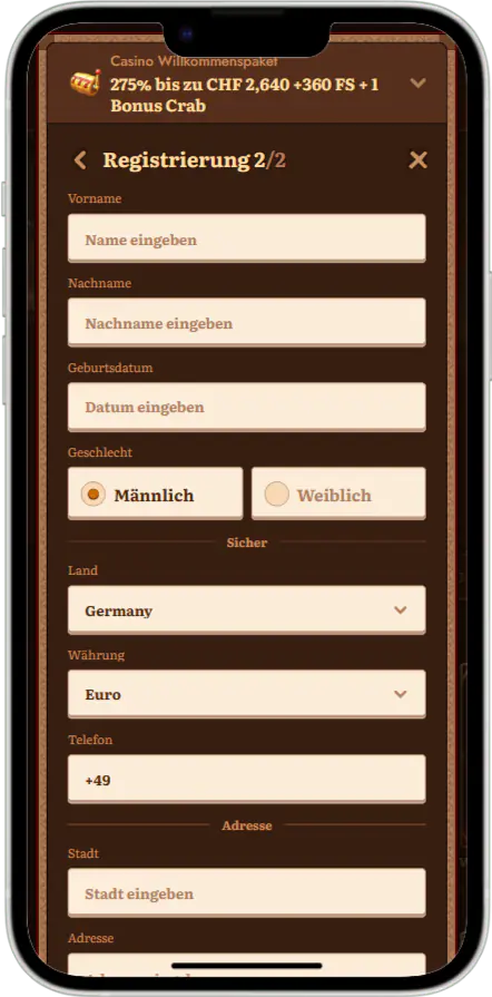 Anmeldeformular zweiter Schritt in der Wild Robin Casino Mobile App