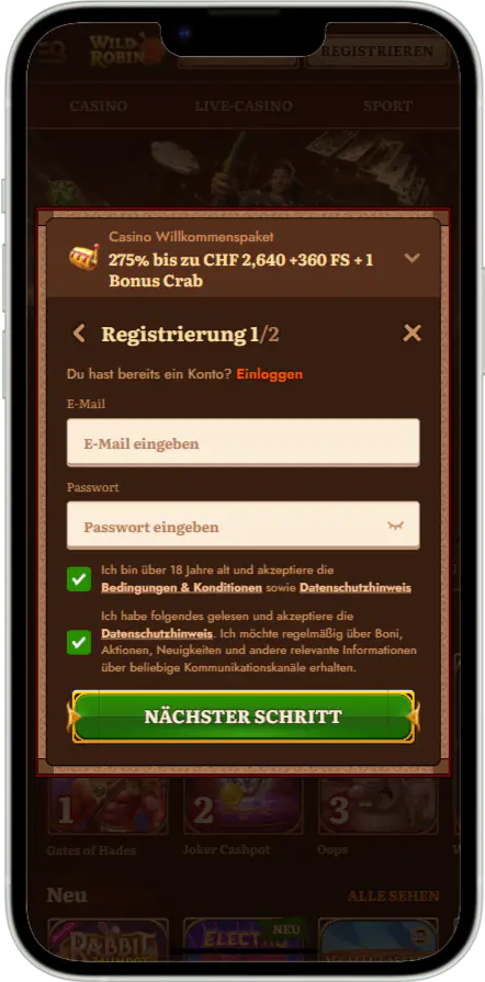 Das Anmeldeformular ist der erste Schritt in der mobilen Wild Robin Casino-App