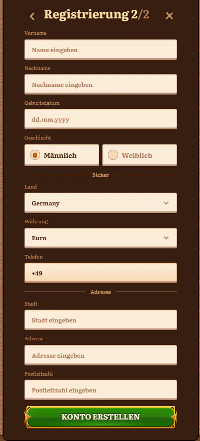 Kontoeröffnungsformular bei Wild Robin Casino in Deutschland